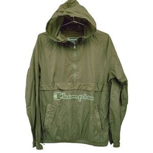 Champion Mens Anorak Jacket Green Half Zip Windbreaker Vented Loho Hood M